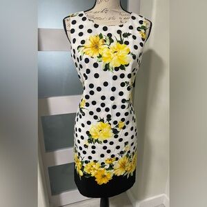 Black and White Polka Dot Sleeveless Sheath Dress with Yellow Floral Design
